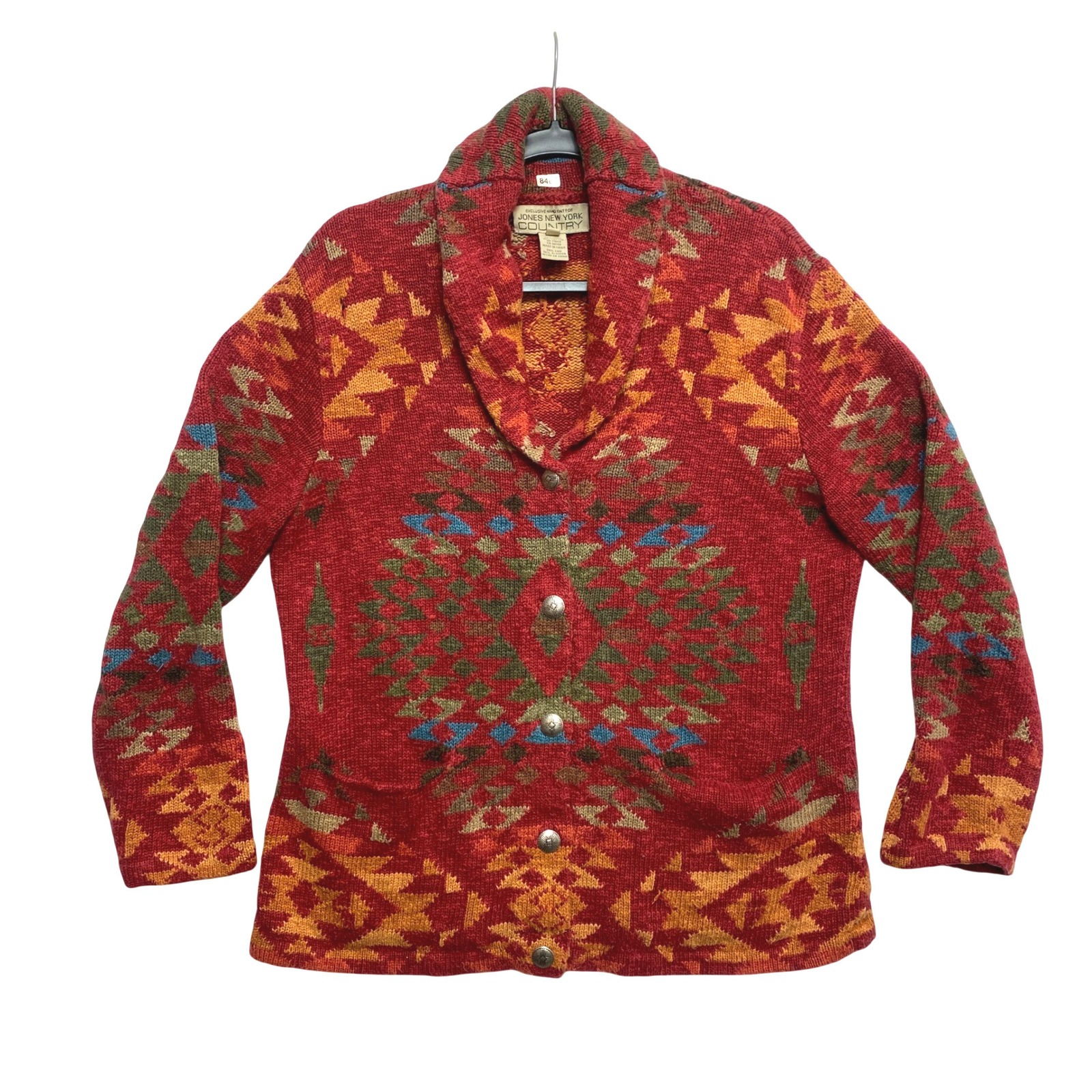 Vintage Jones Ny Country Sweater Womens Xl Red Southwestern Hand Knit Linen Cot.